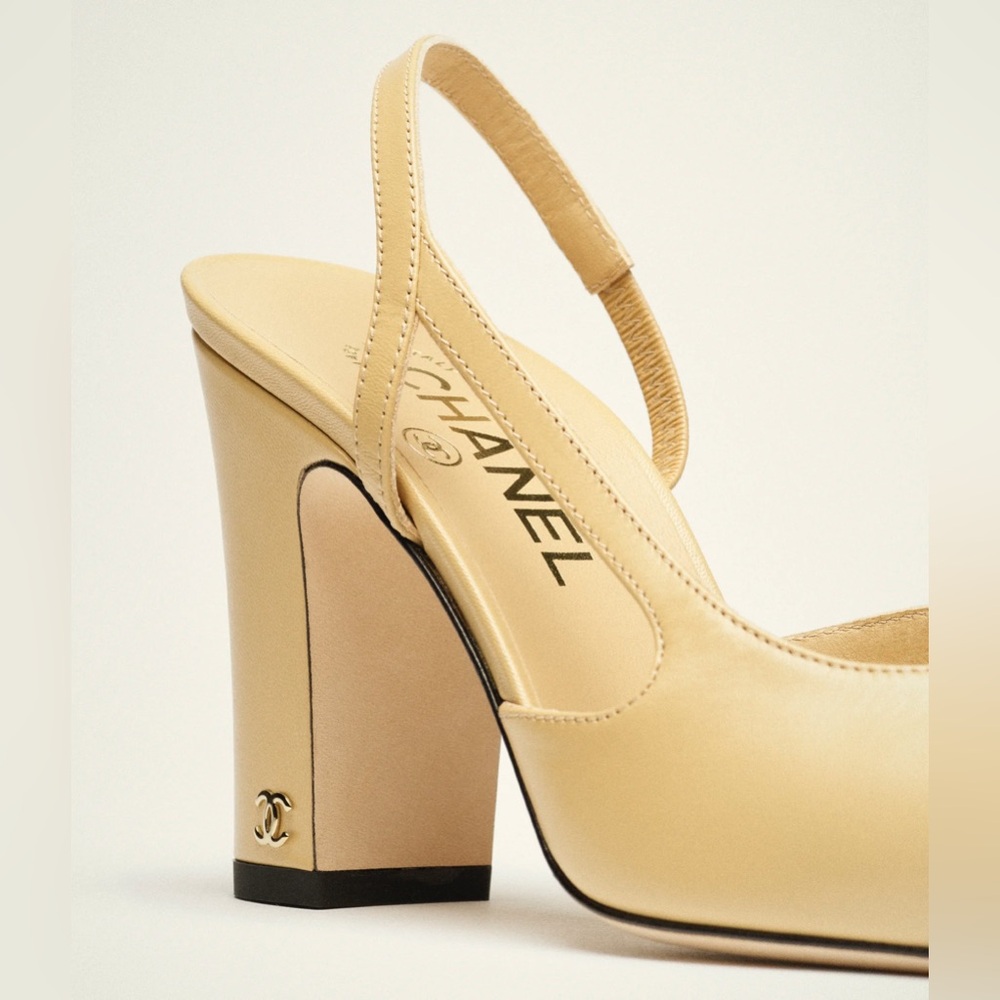 CHANEL Cream Slingback Heels with Chunky Block Heel